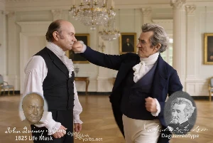 Fictional fight scene between Andrew Jackson and John Quincy Adams, featuring historically reconstructed likenesses based on Jackson's authentic daguerreotypes and Adams' 1825 life mask