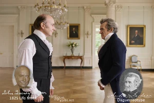 Fictional fight scene between Andrew Jackson and John Quincy Adams, featuring historically reconstructed likenesses based on Jackson's authentic daguerreotypes and Adams' 1825 life mask