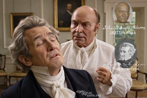 Fictional fight scene between Andrew Jackson and John Quincy Adams, featuring historically reconstructed likenesses based on Jackson's authentic daguerreotypes and Adams' 1825 life mask