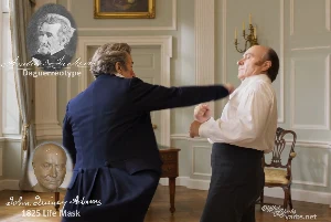 Fictional fight scene between Andrew Jackson and John Quincy Adams, featuring historically reconstructed likenesses based on Jackson's authentic daguerreotypes and Adams' 1825 life mask