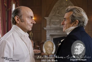 Fictional fight scene between Andrew Jackson and John Quincy Adams, featuring historically reconstructed likenesses based on Jackson's authentic daguerreotypes and Adams's 1825 life mask