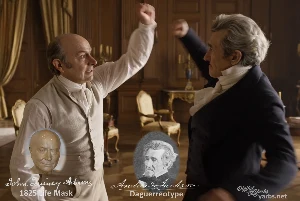 Fictional fight scene between Andrew Jackson and John Quincy Adams, featuring historically reconstructed likenesses based on Jackson's authentic daguerreotypes and Adams' 1825 life mask