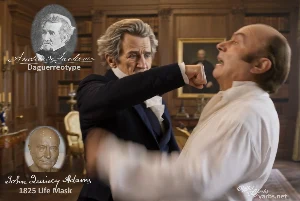 Fictional fight scene between Andrew Jackson and John Quincy Adams, featuring historically reconstructed likenesses based on Jackson's authentic daguerreotypes and Adams' 1825 life mask