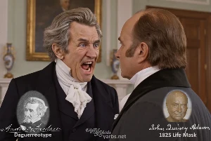 Fictional fight scene between Andrew Jackson and John Quincy Adams, featuring historically reconstructed likenesses based on Jackson's authentic daguerreotypes and Adams' 1825 life mask