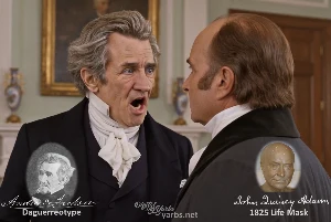 Fictional fight scene between Andrew Jackson and John Quincy Adams, featuring historically reconstructed likenesses based on Jackson's authentic daguerreotypes and Adams' 1825 life mask