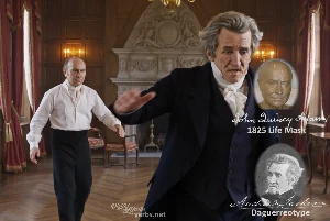 Fictional fight scene between Andrew Jackson and John Quincy Adams, featuring historically reconstructed likenesses based on Jackson's authentic daguerreotypes and Adams's 1825 life mask