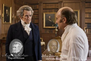 Fictional fight scene between Andrew Jackson and John Quincy Adams, featuring historically reconstructed likenesses based on Jackson's authentic daguerreotypes and Adams' 1825 life mask