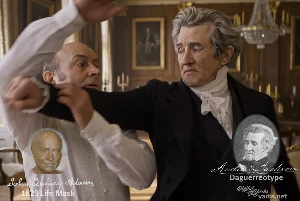 Fictional fight scene between Andrew Jackson and John Quincy Adams, featuring historically reconstructed likenesses based on Jackson's authentic daguerreotypes and Adams' 1825 life mask