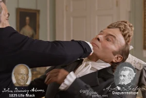 Fictional fight scene between Andrew Jackson and John Quincy Adams, featuring historically reconstructed likenesses based on Jackson's authentic daguerreotypes and Adams' 1825 life mask