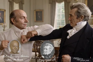 Fictional fight scene between Andrew Jackson and John Quincy Adams, featuring historically reconstructed likenesses based on Jackson's authentic daguerreotypes and Adams' 1825 life mask