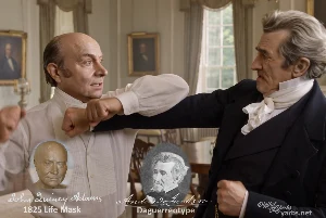 Fictional fight scene between Andrew Jackson and John Quincy Adams, featuring historically reconstructed likenesses based on Jackson's authentic daguerreotypes and Adams' 1825 life mask