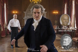 Fictional fight scene between Andrew Jackson and John Quincy Adams, featuring historically reconstructed likenesses based on Jackson's authentic daguerreotypes and Adams's 1825 life mask