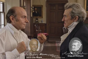 Fictional fight scene between Andrew Jackson and John Quincy Adams, featuring historically reconstructed likenesses based on Jackson's authentic daguerreotypes and Adams' 1825 life mask