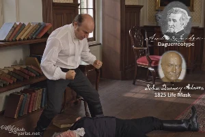 Fictional fight scene between Andrew Jackson and John Quincy Adams, featuring historically reconstructed likenesses based on Jackson's authentic daguerreotypes and Adams' 1825 life mask