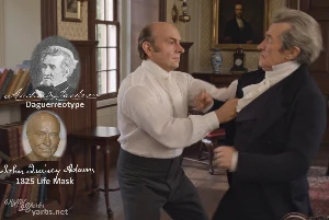 Fictional fight scene between Andrew Jackson and John Quincy Adams, featuring historically reconstructed likenesses based on Jackson's authentic daguerreotypes and Adams' 1825 life mask