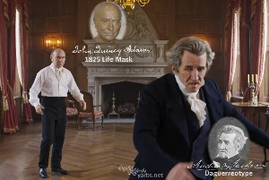 Fictional fight scene between Andrew Jackson and John Quincy Adams, featuring historically reconstructed likenesses based on Jackson's authentic daguerreotypes and Adams's 1825 life mask