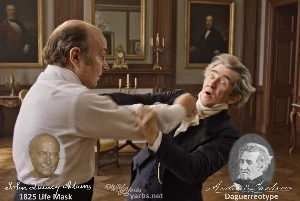 Fictional fight scene between Andrew Jackson and John Quincy Adams, featuring historically reconstructed likenesses based on Jackson's authentic daguerreotypes and Adams' 1825 life mask