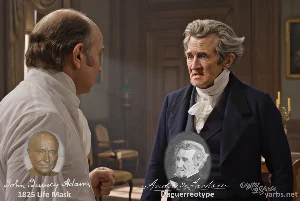 Fictional fight scene between Andrew Jackson and John Quincy Adams, featuring historically reconstructed likenesses based on Jackson's authentic daguerreotypes and Adams' 1825 life mask