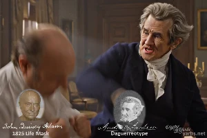 Fictional fight scene between Andrew Jackson and John Quincy Adams, featuring historically reconstructed likenesses based on Jackson's authentic daguerreotypes and Adams' 1825 life mask