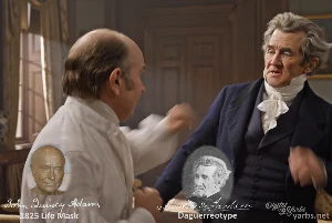 Fictional fight scene between Andrew Jackson and John Quincy Adams, featuring historically reconstructed likenesses based on Jackson's authentic daguerreotypes and Adams' 1825 life mask