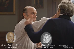 Fictional fight scene between Andrew Jackson and John Quincy Adams, featuring historically reconstructed likenesses based on Jackson's authentic daguerreotypes and Adams' 1825 life mask