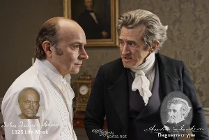 Fictional fight scene between Andrew Jackson and John Quincy Adams, featuring historically reconstructed likenesses based on Jackson's authentic daguerreotypes and Adams's 1825 life mask