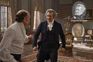 Fictional fight scene between Andrew Jackson and John Quincy Adams, featuring historically reconstructed likenesses based on Jackson's authentic daguerreotypes and Adams' 1825 life mask