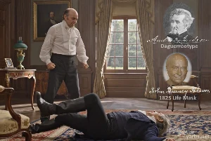 Fictional fight scene between Andrew Jackson and John Quincy Adams, featuring historically reconstructed likenesses based on Jackson's authentic daguerreotypes and Adams' 1825 life mask