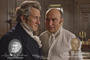 Fictional fight scene between Andrew Jackson and John Quincy Adams, featuring historically reconstructed likenesses based on Jackson's authentic daguerreotypes and Adams' 1825 life mask