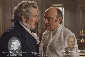 Fictional fight scene between Andrew Jackson and John Quincy Adams, featuring historically reconstructed likenesses based on Jackson's authentic daguerreotypes and Adams' 1825 life mask