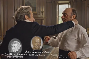 Fictional fight scene between Andrew Jackson and John Quincy Adams, featuring historically reconstructed likenesses based on Jackson's authentic daguerreotypes and Adams' 1825 life mask