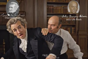Fictional fight scene between Andrew Jackson and John Quincy Adams, featuring historically reconstructed likenesses based on Jackson's authentic daguerreotypes and Adams' 1825 life mask