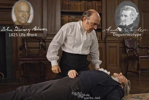 Fictional fight scene between Andrew Jackson and John Quincy Adams, featuring historically reconstructed likenesses based on Jackson's authentic daguerreotypes and Adams' 1825 life mask