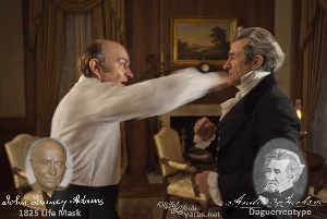 Fictional fight scene between Andrew Jackson and John Quincy Adams, featuring historically reconstructed likenesses based on Jackson's authentic daguerreotypes and Adams' 1825 life mask