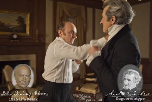 Fictional fight scene between Andrew Jackson and John Quincy Adams, featuring historically reconstructed likenesses based on Jackson's authentic daguerreotypes and Adams' 1825 life mask
