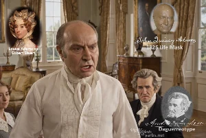 Fictional fight scene between Andrew Jackson and John Quincy Adams, featuring historically reconstructed likenesses based on Jackson's authentic daguerreotypes and Adams' 1825 life mask
