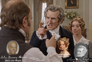Fictional fight scene between Andrew Jackson and John Quincy Adams, featuring historically reconstructed likenesses based on Jackson's authentic daguerreotypes and Adams' 1825 life mask