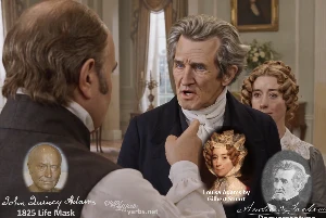 Fictional fight scene between Andrew Jackson and John Quincy Adams, featuring historically reconstructed likenesses based on Jackson's authentic daguerreotypes and Adams' 1825 life mask