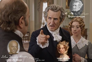 Fictional fight scene between Andrew Jackson and John Quincy Adams, featuring historically reconstructed likenesses based on Jackson's authentic daguerreotypes and Adams' 1825 life mask