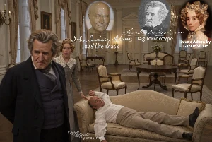 Fictional fight scene between Andrew Jackson and John Quincy Adams, featuring historically reconstructed likenesses based on Jackson's authentic daguerreotypes and Adams' 1825 life mask