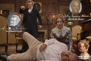 Fictional fight scene between Andrew Jackson and John Quincy Adams, featuring historically reconstructed likenesses based on Jackson's authentic daguerreotypes and Adams' 1825 life mask