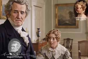 Fictional fight scene between Andrew Jackson and John Quincy Adams, featuring historically reconstructed likenesses based on Jackson's authentic daguerreotypes and Adams' 1825 life mask