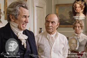 Fictional fight scene between Andrew Jackson and John Quincy Adams, featuring historically reconstructed likenesses based on Jackson's authentic daguerreotypes and Adams' 1825 life mask