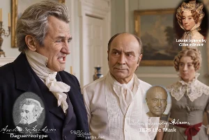 Fictional fight scene between Andrew Jackson and John Quincy Adams, featuring historically reconstructed likenesses based on Jackson's authentic daguerreotypes and Adams' 1825 life mask