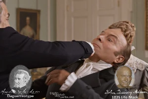 Fictional fight scene between Andrew Jackson and John Quincy Adams, featuring historically reconstructed likenesses based on Jackson's authentic daguerreotypes and Adams' 1825 life mask