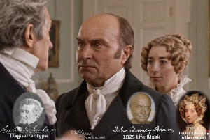 Fictional fight scene between Andrew Jackson and John Quincy Adams, featuring historically reconstructed likenesses based on Jackson's authentic daguerreotypes and Adams' 1825 life mask