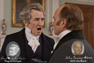 Fictional fight scene between Andrew Jackson and John Quincy Adams, featuring historically reconstructed likenesses based on Jackson's authentic daguerreotypes and Adams' 1825 life mask