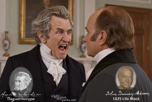 Fictional fight scene between Andrew Jackson and John Quincy Adams, featuring historically reconstructed likenesses based on Jackson's authentic daguerreotypes and Adams' 1825 life mask
