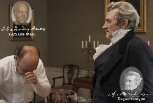 Fictional fight scene between Andrew Jackson and John Quincy Adams, featuring historically reconstructed likenesses based on Jackson's authentic daguerreotypes and Adams's 1825 life mask