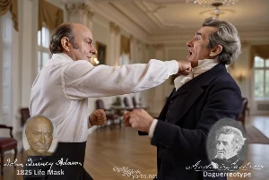 Fictional fight scene between Andrew Jackson and John Quincy Adams, featuring historically reconstructed likenesses based on Jackson's authentic daguerreotypes and Adams's 1825 life mask